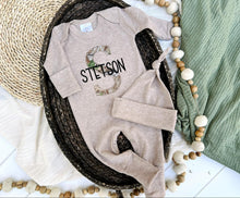 Load image into Gallery viewer, Personalized Baby Boy Name Outfit | Mocha Brown Romper Camo Initial - Stetson Hunter
