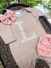 Load image into Gallery viewer, Personalized Baby Girl Outfit | Mocha Brown Romper Beige Stripe Letter Pink Baby Name
