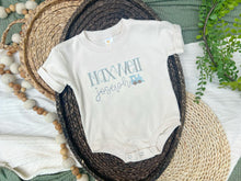 Load image into Gallery viewer, Personalized Baby Boy Outfit | Cream Beige Bubble T-Shirt Train Blue Custom Name
