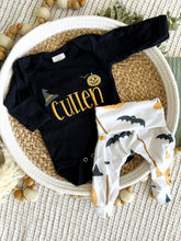 Load image into Gallery viewer, Personalized Baby Boy Outfit | Black Bodysuit Pumpkins Custom Name - Halloween
