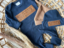 Load image into Gallery viewer, Personalized Baby Boy Outfit | Navy Romper - Leather Patch Style Baby Name
