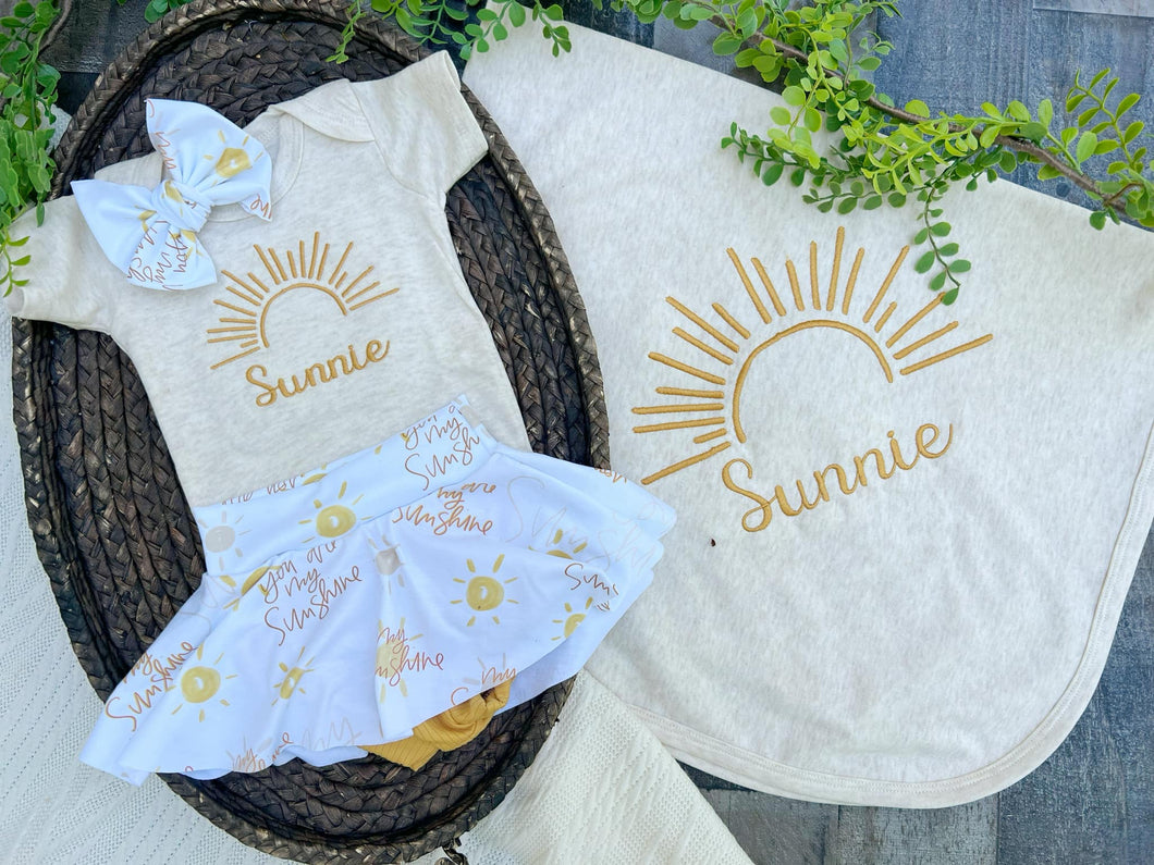 Personalized Baby Girl Outfit | Oatmeal Bodysuit Sunshine Yellow Skirt  Baby Name
