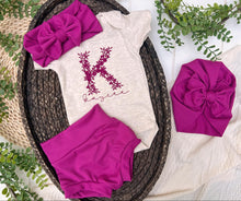 Load image into Gallery viewer, Personalized Baby Girl Outfit | Oatmeal Bodysuit Bright Pink Floral Initial Baby Name
