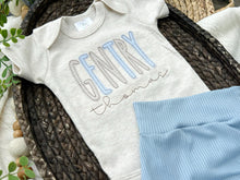 Load image into Gallery viewer, Personalized Baby Boy Outfit | Oatmeal Beige Bodysuit Soft Blue Tan Custom Baby Name
