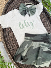 Load image into Gallery viewer, Personalized Baby Girl Outfit | Oatmeal Bodysuit Camo Skirt Green Baby Name
