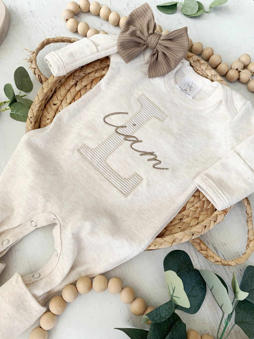 Personalized Baby Girl Outfit | Oatmeal Romper Beige Stripe Big Letter Taupe Baby Name - Liam