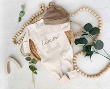 Load image into Gallery viewer, Personalized Baby Boy Outfit | Oatmeal Romper Beige Stripe Big Letter Taupe Baby Name - Liam
