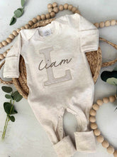 Load image into Gallery viewer, Personalized Baby Boy Outfit | Oatmeal Romper Beige Stripe Big Letter Taupe Baby Name - Liam
