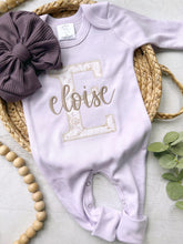 Load image into Gallery viewer, Personalized Baby Girl Outfit | Purple Romper Floral Beige Lavender Big Letter and Baby Name
