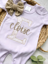 Load image into Gallery viewer, Personalized Baby Girl Outfit | Purple Romper Floral Beige Lavender Big Letter and Baby Name
