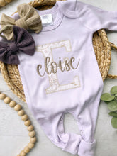 Load image into Gallery viewer, Personalized Baby Girl Outfit | Purple Romper Floral Beige Lavender Big Letter and Baby Name
