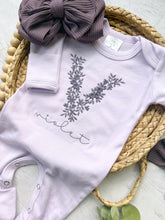 Load image into Gallery viewer, Personalized Baby Girl Outfit | Purple Romper Lavender Floral Embroidered Initial Baby Name
