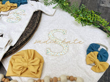 Load image into Gallery viewer, Personalized Newborn Baby Girl Outfit | Oatmeal Romper Gold and Blue Floral Big Letter Initial and Baby Name
