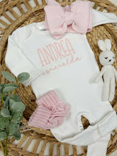 Load image into Gallery viewer, Personalized Baby Girl Outfit | White Cotton Romper Pink Baby Name
