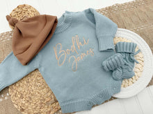 Load image into Gallery viewer, Personalized Baby Boy Outfit | Sweater Bubble Romper Blue Baby Name
