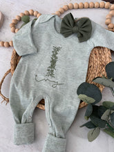 Load image into Gallery viewer, Personalized Newborn Baby Girl Romper | Green Romper Floral Initial Dark Sage Green Baby Name - Ivy Maelyn
