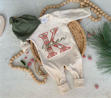 Load image into Gallery viewer, Personalized Baby Boy Outfit | Oatmeal Romper or Gown Christmas Plaid Custom Baby Name
