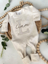 Load image into Gallery viewer, Personalized Baby Girl Outfit | Oatmeal Romper Beige Stripe Big Letter Taupe Baby Name - Liam
