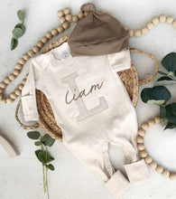 Load image into Gallery viewer, Personalized Baby Boy Outfit | Oatmeal Romper Beige Stripe Big Letter Taupe Baby Name - Liam
