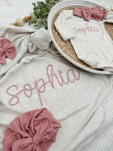 Load image into Gallery viewer, Personalized Baby Girl Outfit | Oatmeal Beige Romper Pink Chunky Chain Stitch
