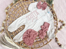 Load image into Gallery viewer, Personalized Baby Girl Newborn Outfit | Oatmeal Zip Romper Custom Color Baby Name
