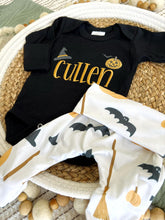 Load image into Gallery viewer, Personalized Baby Boy Outfit | Black Bodysuit Pumpkins Custom Name - Halloween
