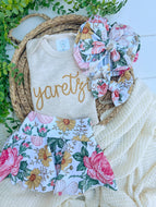 Personalized Baby Girl Outfit | Oatmeal Beige Bodysuit Chunky Yellow Baby Name