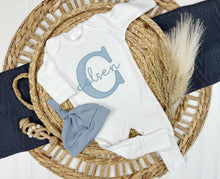 Load image into Gallery viewer, Personalized Newborn Baby Boy Outfit | White Romper Gray Baby Name
