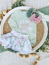 Load image into Gallery viewer, Personalized Baby Girl Outfit | Sage Green Bodysuit Small Flowers Skirt Pink Baby Name
