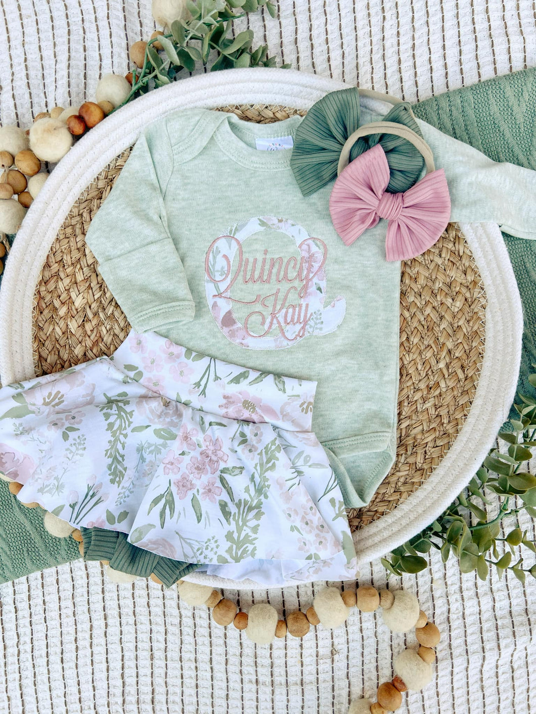 Personalized Baby Girl Outfit | Sage Green Bodysuit Small Flowers Skirt Pink Baby Name