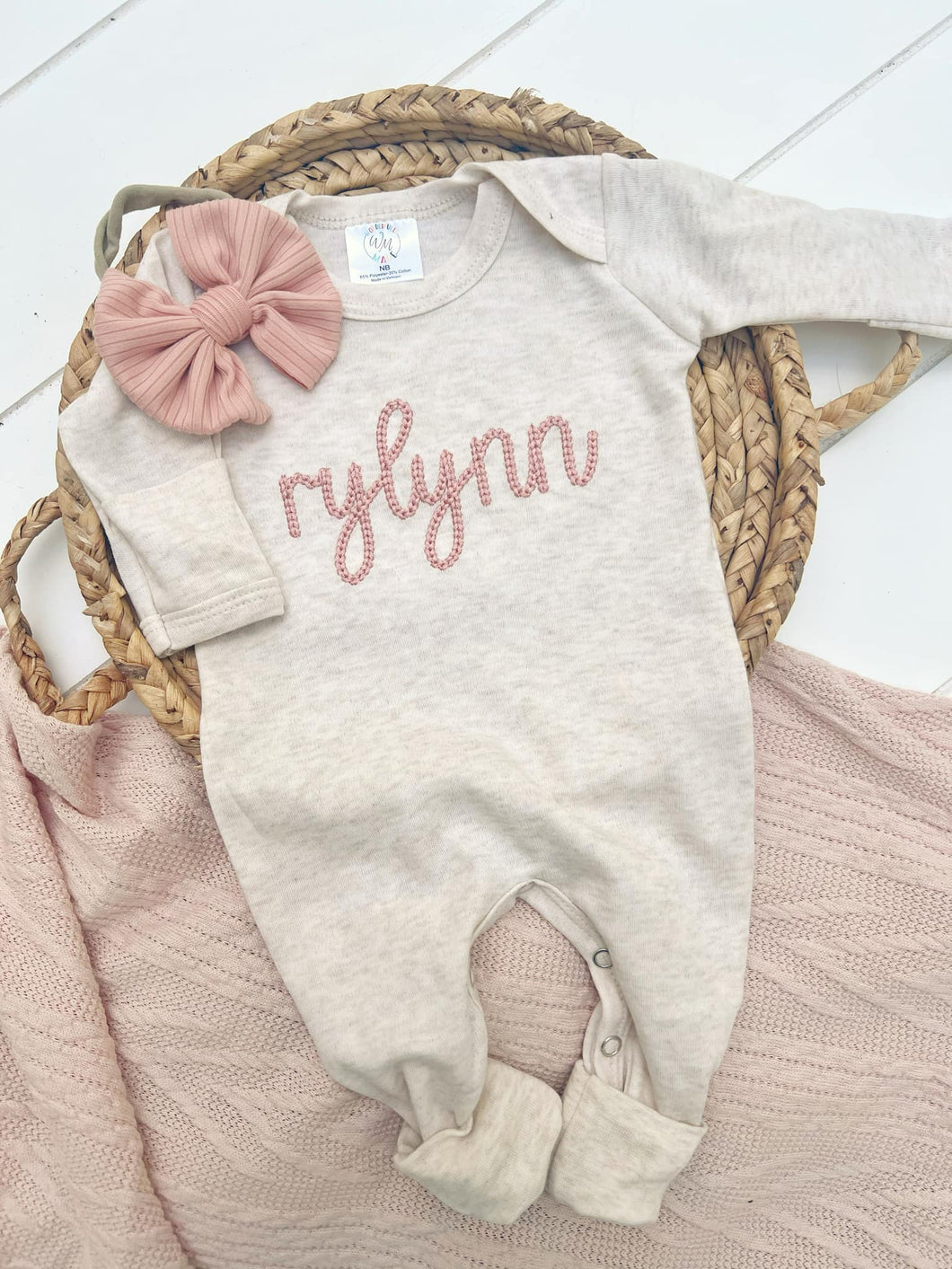 Personalized Baby Girl Outfit | Oatmeal Beige Romper Pink Chunky Chain Stitch Baby Name - Rylyn