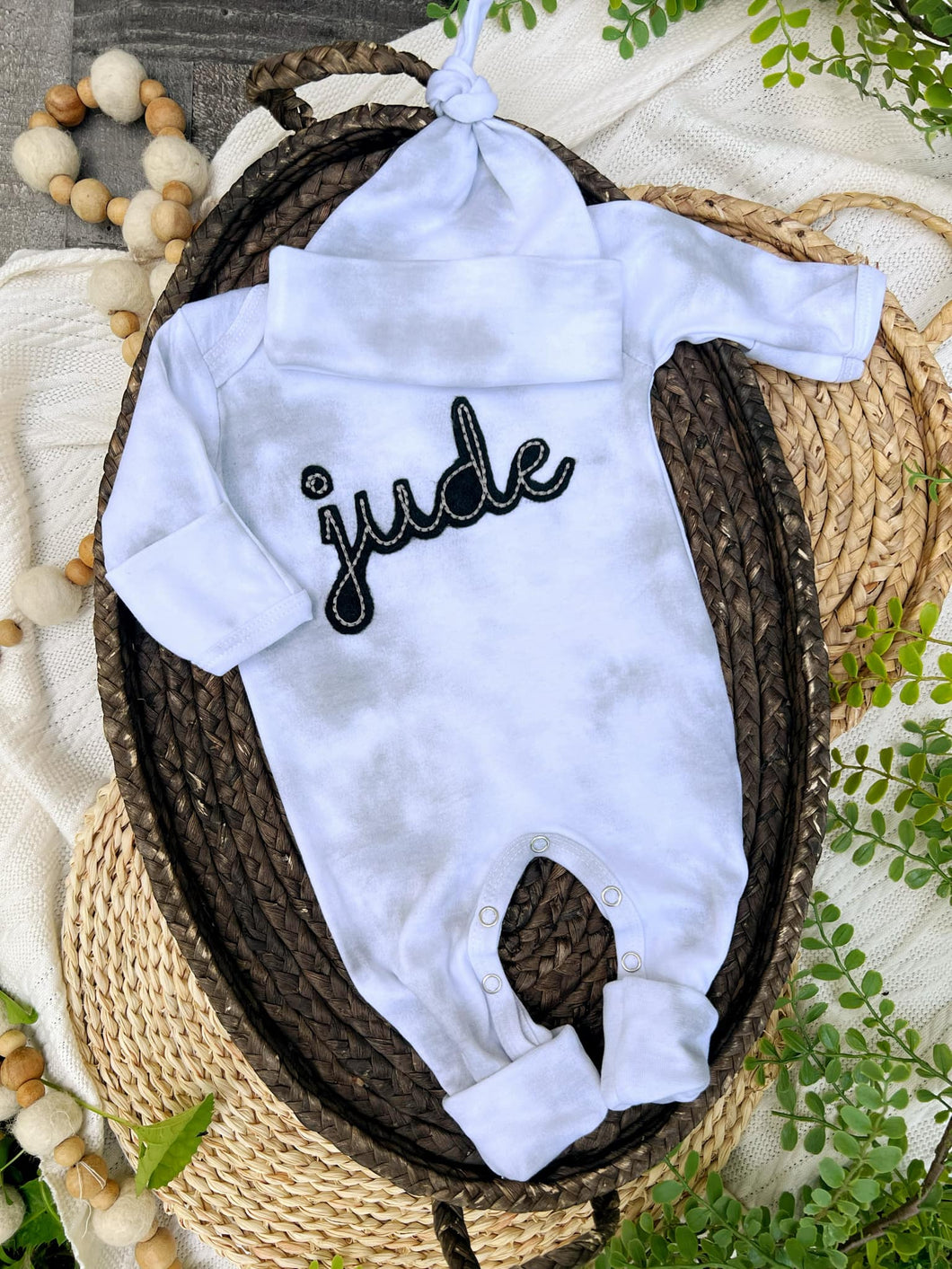 Personalized Newborn Baby Boy Outfit | Mist Smoke Gray Romper Rust Felt Baby Name