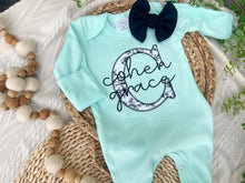Load image into Gallery viewer, Personalized Baby Girl Outfit | Mint Romper White Black Floral Baby Name
