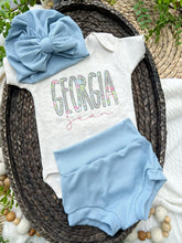 Load image into Gallery viewer, Personalized Baby Girl Outfit | Oatmeal Beige Bodysuit Floral Pink Blue Baby Name
