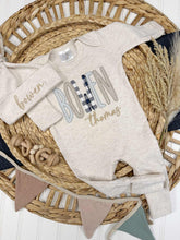 Load image into Gallery viewer, Personalized Baby Boy Outfit | Oatmeal Romper Blue Beige Plaid Neutral Baby Name
