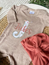 Load image into Gallery viewer, Personalized Baby Girl Outfit | Mocha Brown Romper White Floral Letter Pink Baby Name
