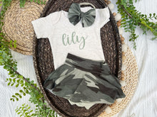 Load image into Gallery viewer, Personalized Baby Girl Outfit | Oatmeal Bodysuit Camo Skirt Green Baby Name
