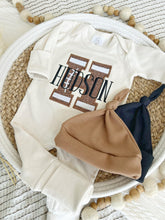 Load image into Gallery viewer, Personalized Baby Boy Name Outfit | Oatmeal Beige Romper Football Brown Big Initial
