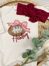 Load image into Gallery viewer, Baby Girl Football Outfit &amp; Bow | Personalized Baby Game Day Romper
