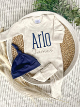 Load image into Gallery viewer, Personalized Baby Boy Outfit | Oatmeal Beige Romper Navy Blue Baby Name
