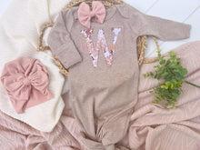 Load image into Gallery viewer, Personalized Baby Girl Outfit | Taupe Knotted Gown Floral Pink Gold - Willow
