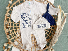 Load image into Gallery viewer, Personalized Baby Boy Newborn Outfit | Oatmeal Zip Romper Custom Color Baby Name
