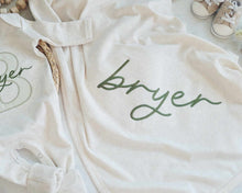 Load image into Gallery viewer, Personalized Baby Boy Outfit | Oatmeal Romper Light Green Stripe Big Letter - Bryer
