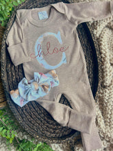 Load image into Gallery viewer, Personalized Baby Girl Outfit | Mocha Brown Romper Floral Initial - Chloe
