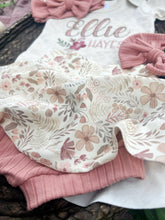 Load image into Gallery viewer, Personalized Baby Girl Outfit | Oatmeal Bodysuit Floral Skirt Pink Baby Name
