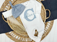 Load image into Gallery viewer, Personalized Newborn Baby Boy Outfit | White Romper Gray Baby Name
