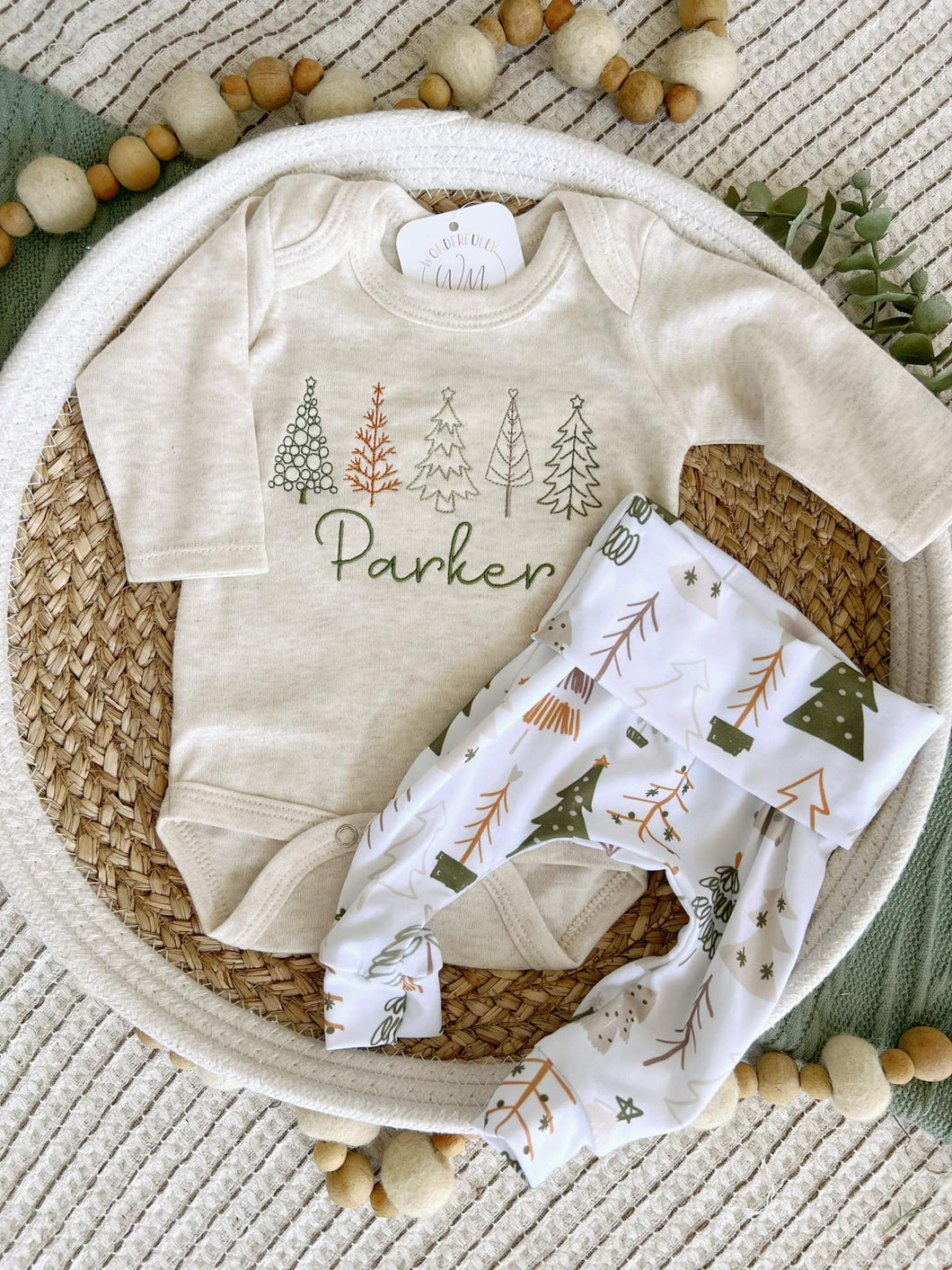 Personalized Baby Boy Outfit | Oatmeal Bodysuit Simple Trees Custom Name