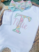 Load image into Gallery viewer, Personalized Baby Girl Outfit | White Romper Tiny Floral Letter Pink Pastel Baby Name
