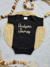 Load image into Gallery viewer, Personalized Baby Boy Outfit | Black Bodysuit Beige Custom Baby Name - Jackson James Hudson
