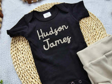 Load image into Gallery viewer, Personalized Baby Boy Outfit | Black Bodysuit Beige Custom Baby Name - Jackson James Hudson
